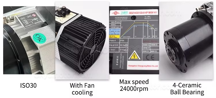9KW 220V/380V 空冷ATC（自動工具交換）スピンドルモーター GDZ143x133-9L 400-800Hz 24,000 RPM BT30/ISO30